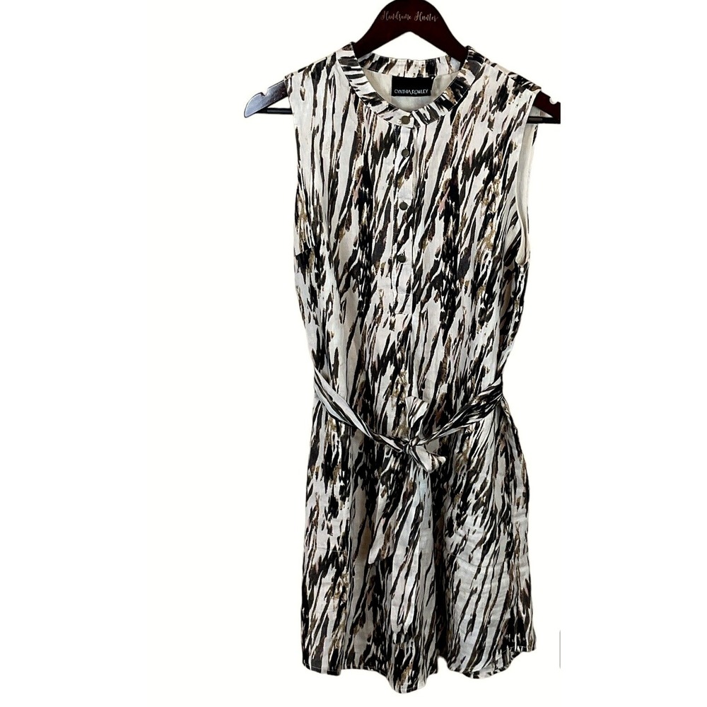 Cynthia Rowley Linen Beige Black‎ Dress 10 Sleeveless Tie Front Animal Print
